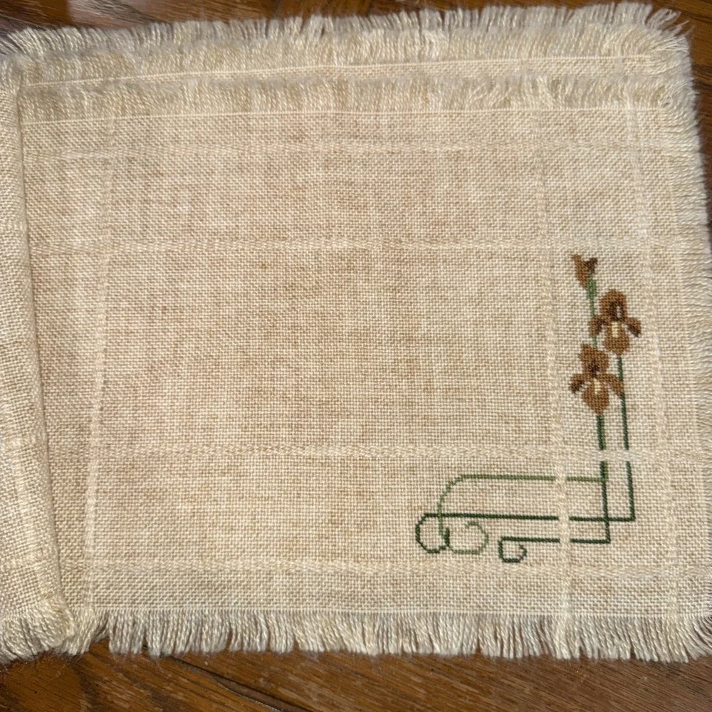 Cross Stitch Placemats 4 Tan Mat With Fringe With Brown Green Flowers 12